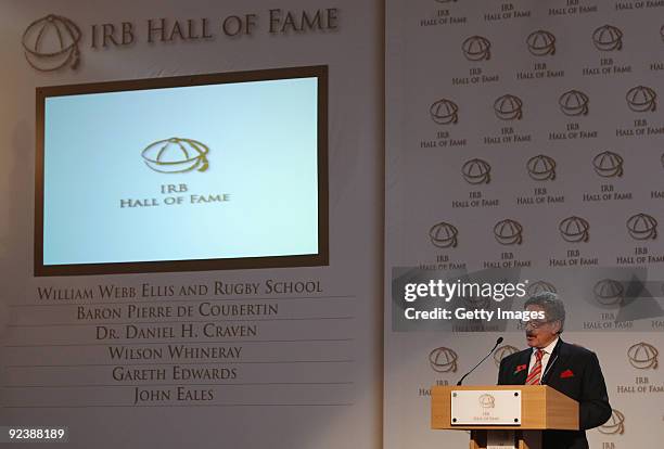 Gerald Davies, the former Wales, Lions player and manager of the 2009 British and Irish Lions makes a speech during the IRB Hall of Fame Induction...