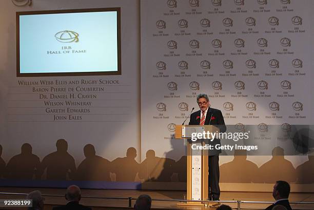 Gerald Davies, the former Wales, Lions player and manager of the 2009 British and Irish Lions makes a speech during the IRB Hall of Fame Induction...