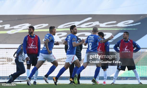 Os Belenenses defender Vincent Sasso from France celebrates after scoring a goal during the Primeira Liga match between CF Os Belenenses and CD...