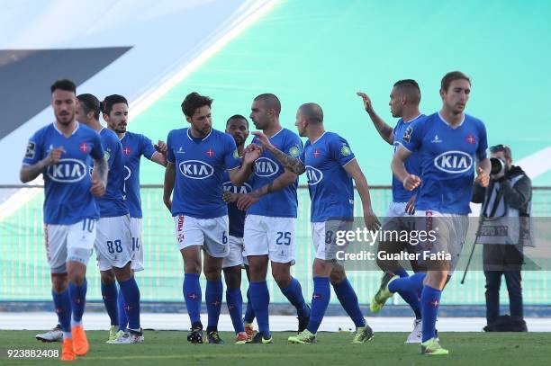 Os Belenenses defender Vincent Sasso from France celebrates with teammates after scoring a goal during the Primeira Liga match between CF Os...