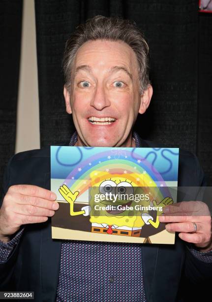 Voice actor Tom Kenny holds up a photo of SpongeBob SquarePants during Vegas Toy Con at the Circus Circus Las Vegas on February 24, 2018 in Las...