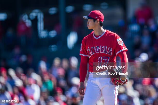 Shohei Ohtani pitcher of the Los Angeles Angels of Anaheim reacts after giving up a home run to Keon Broxton of the Milwaukee Brewers during a Spring...