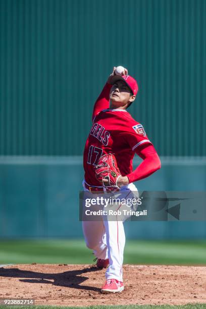 Shohei Ohtani pitcher of the Los Angeles Angels of Anaheim pitches against the Milwaukee Brewers during a Spring Training Game at Goodyear Ballpark...