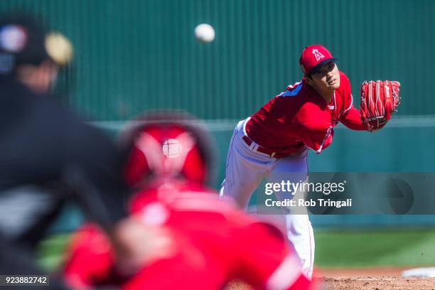 Shohei Ohtani pitcher of the Los Angeles Angels of Anaheim pitches against the Milwaukee Brewers during a Spring Training Game at Goodyear Ballpark...