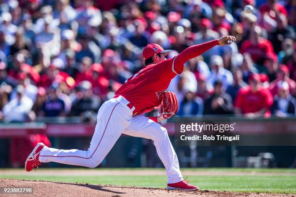 Shohei Ohtani pitcher of the Los Angeles Angels of Anaheim pitches against the Milwaukee Brewers during a Spring Training Game at Goodyear Ballpark...
