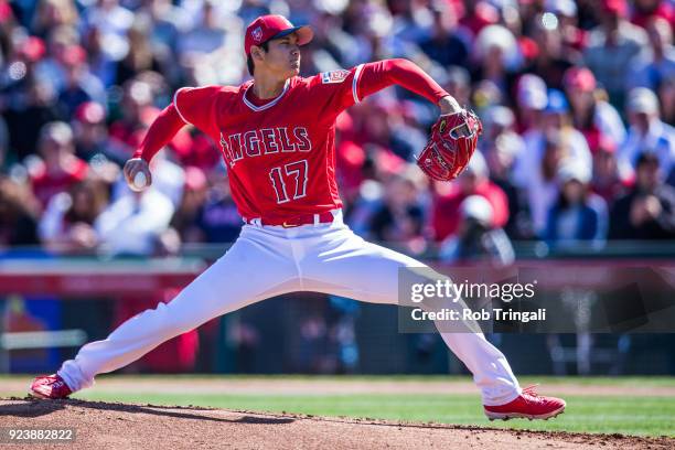 Shohei Ohtani pitcher of the Los Angeles Angels of Anaheim pitches against the Milwaukee Brewers during a Spring Training Game at Goodyear Ballpark...