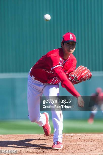 Shohei Ohtani pitcher of the Los Angeles Angels of Anaheim pitches against the Milwaukee Brewers during a Spring Training Game at Goodyear Ballpark...