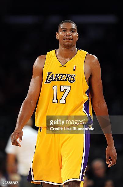 Andrew Bynum of the Los Angeles Lakers walls upcourt during a preseason game against the Charlotte Bobcats at Staples Center on October 17, 2009 in...