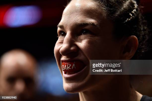 Sara McMann prepares to enter the Octagon prior to her women's bantamweight bout against Marion Reneau during the UFC Fight Night event at Amway...