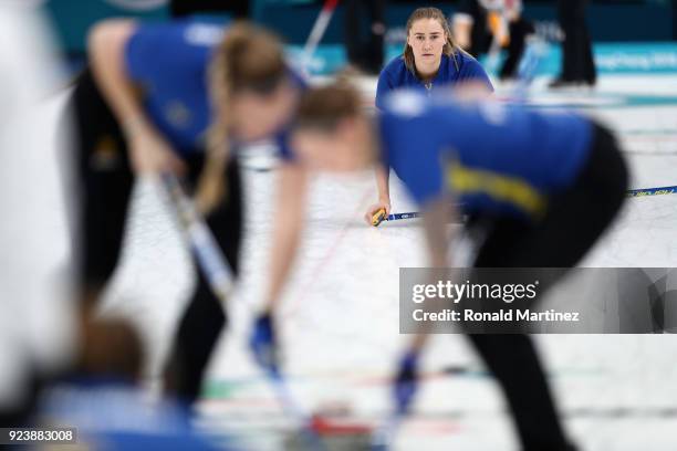 Sara McManus of Sweden delivers a stone during the Women's Gold Medal Game between Sweden and Korea on day sixteen of the PyeongChang 2018 Winter...