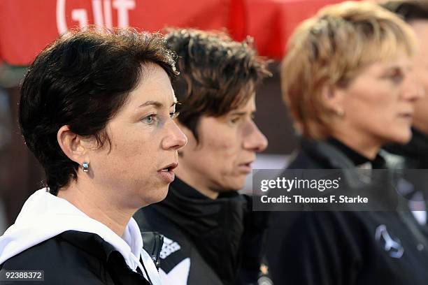 Head coach of Germany Maren Meinert, assistence coach Bettina Wiegmann and goalkeeper coach Silke Rottenberg are senn during the women's...