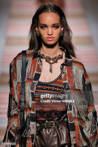 Model walks the runway at the Etro Ready to Wear Fall/Winter 2018-2019 fashion show during Milan Fashion Week Fall/Winter 2018/19 on February 23,...