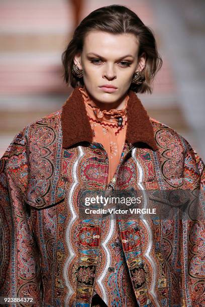 Model walks the runway at the Etro Ready to Wear Fall/Winter 2018-2019 fashion show during Milan Fashion Week Fall/Winter 2018/19 on February 23,...