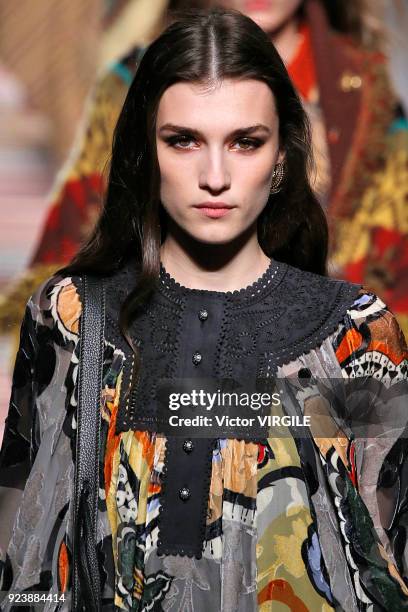 Model walks the runway at the Etro Ready to Wear Fall/Winter 2018-2019 fashion show during Milan Fashion Week Fall/Winter 2018/19 on February 23,...