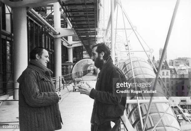 Richard Rodgers, British architect, and Renzo Piano, Italian architect, on the construction site of the Centre Georges Pompidou. Paris, on January...