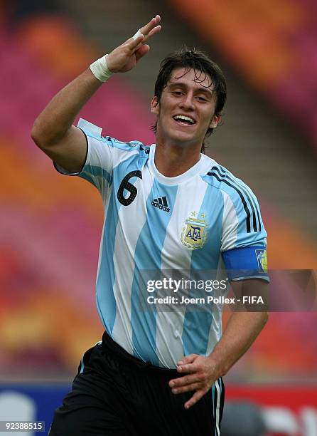 Esteban Espindola of Argentina celebrates after scoring his team's first goal during the FIFA U17 World Cup Group A match between Argentina and...