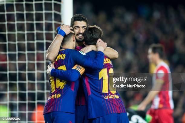 Luis Suarez from Uruguay of FC Barcelona celebrating his goal with Phillip Couthino from Brasil of FC Barcelona and Leo Messi from Argentina of FC...