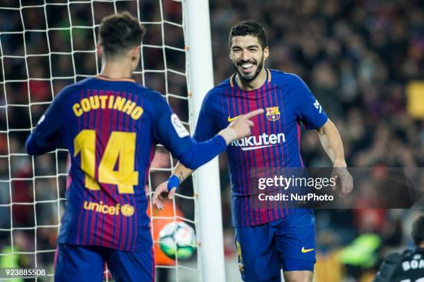 Luis Suarez from Uruguay of FC Barcelona celebrating his goal with Phillip Couthino from Brasil of FC Barcelona during La Liga match between FC...
