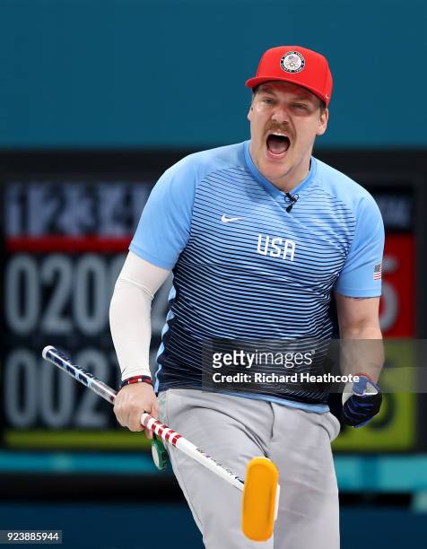 Matt Hamilton of the United States reacts during the game against Sweden during the Curling Men's Gold Medal game on day fifteen of the PyeongChang...