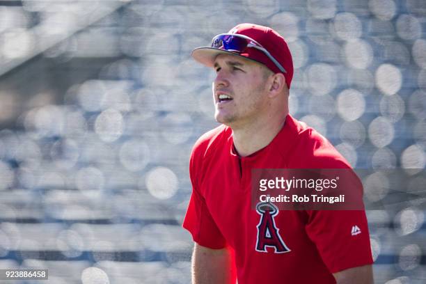 Mike Trout of the Los Angeles Angels of Anaheim takes batting practice before a game against the Milwaukee Brewers during a Spring Training Game at...