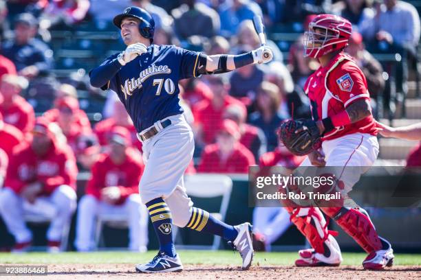 Nate Off of the Milwaukee Brewers bats during a Spring Training Game against the Los Angeles Angels of Anaheim at Goodyear Ballpark on February 24,...