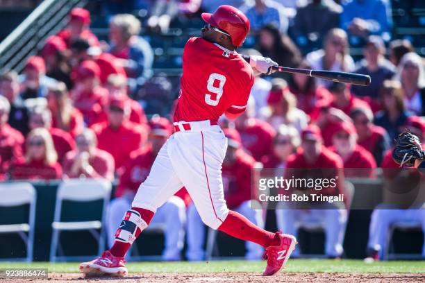 Eric Young Jr. Of the Los Angeles Angels of Anaheim bats against the Milwaukee Brewers during a Spring Training Game at Goodyear Ballpark on February...