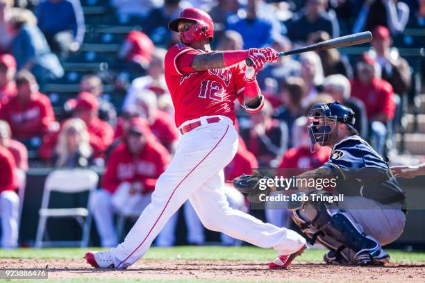 Martin Maldonado of the Los Angeles Angels of Anaheim bats against the Milwaukee Brewers during a Spring Training Game at Goodyear Ballpark on...