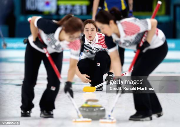 YeongMi Kim of Korea delivers a stone during the Women's Gold Medal Game between Sweden and Korea on day sixteen of the PyeongChang 2018 Winter...