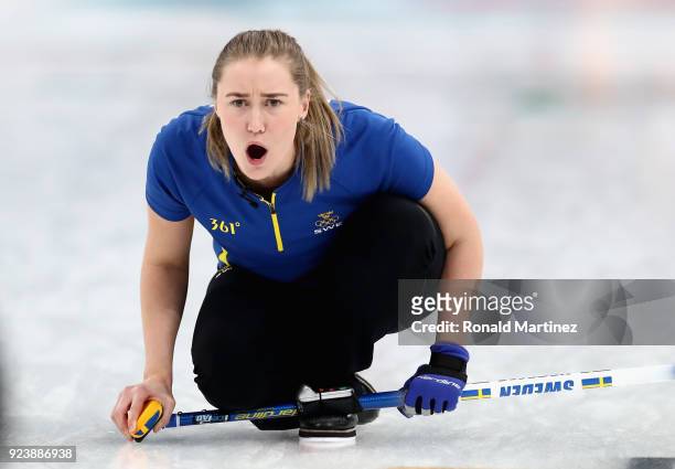 Sara McManus of Sweden delivers a stone during the Women's Gold Medal Game between Sweden and Korea on day sixteen of the PyeongChang 2018 Winter...