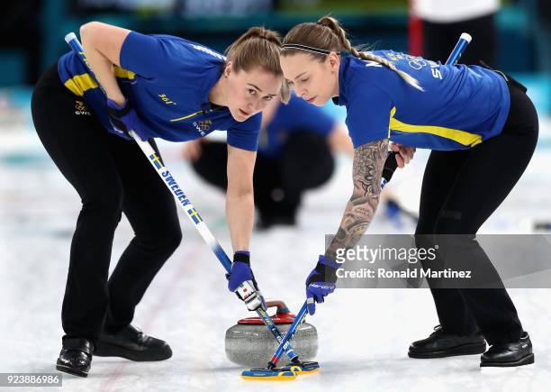 Sofia Mabergs of Sweden and Agnes Knochenhauer of Sweden in action during the Women's Gold Medal Game between Sweden and Korea on day sixteen of the...