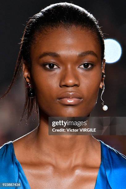 Model walks the runway at the Roberto Cavalli Ready to Wear Fall/Winter 2018-2019 fashion show during Milan Fashion Week Fall/Winter 2018/19 on...