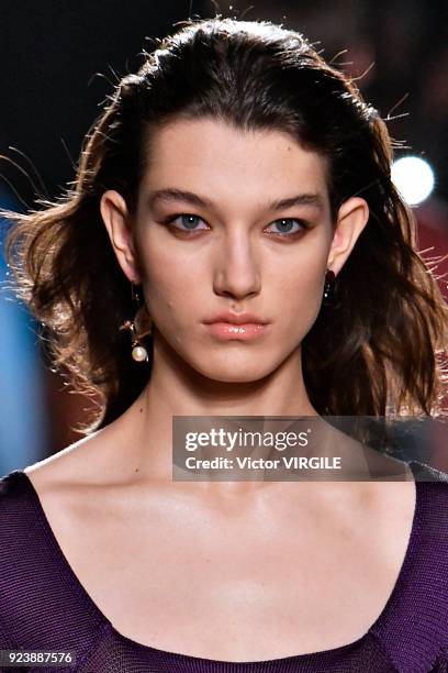 Model walks the runway at the Roberto Cavalli Ready to Wear Fall/Winter 2018-2019 fashion show during Milan Fashion Week Fall/Winter 2018/19 on...