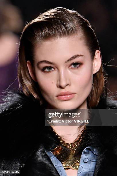 Model walks the runway at the Roberto Cavalli Ready to Wear Fall/Winter 2018-2019 fashion show during Milan Fashion Week Fall/Winter 2018/19 on...