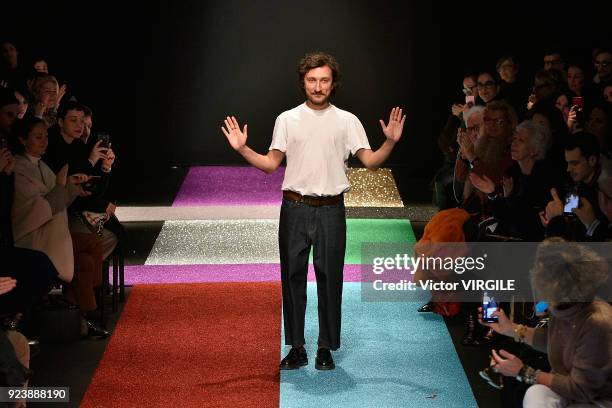 Fashion designer Marco De Vincenzo walks the runway at the Marco de Vincenzo Ready to Wear Fall/Winter 2018-2019 fashion show during Milan Fashion...