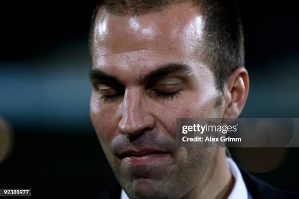 Head coach Markus Babbel of Stuttgart reacts before the DFB Cup match between SpVgg Greuther Fuerth and VfB Stuttgart at the Playmobil stadium on...