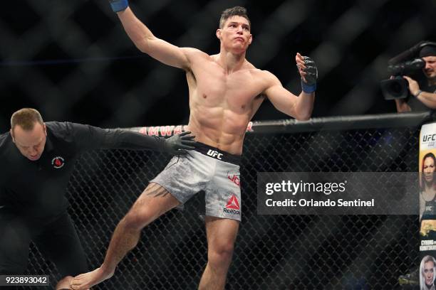 Alan Jouban celebrates after a win during UFC Fight Night at the Amway Center in Orlando, Fla., on Saturday, Feb 24, 2018.