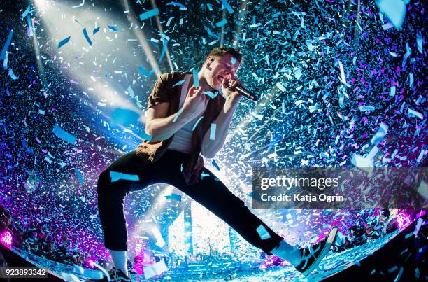 Dan Reynolds of Imagine Dragons performs at Genting Arena on February 24, 2018 in Birmingham, England.