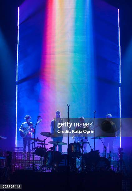 Dan Reynolds, Wayne Sermon, Ben McKee and Daniel Platzman of Imagine Dragons perform at Genting Arena on February 24, 2018 in Birmingham, England.