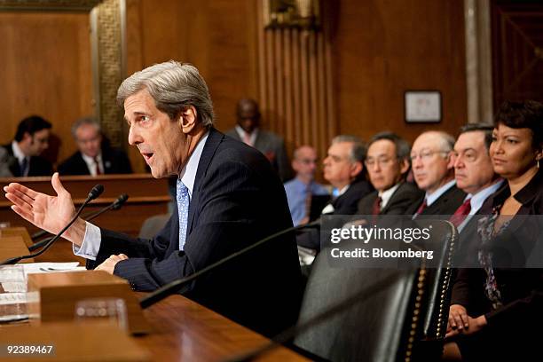 Senator John Kerry, a Democrat from Massachusetts, testifies at a hearing of the Senate Environment and Public Works Committee on global climate...