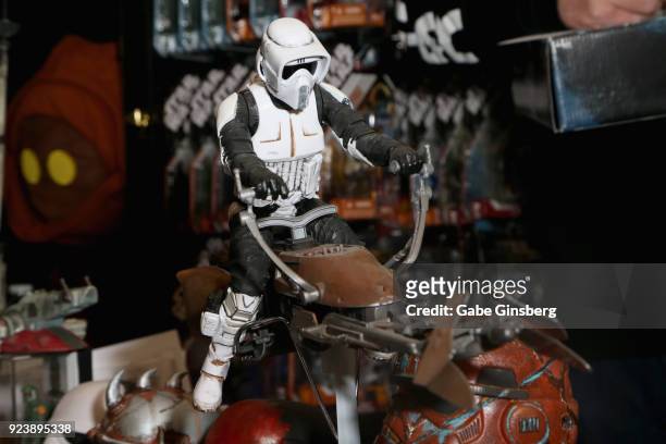 Dark Side Toyz custom-made toy featuring a stormtrooper riding a speeder bike, based on the "Star Wars" movie franchise, is displayed during Vegas...