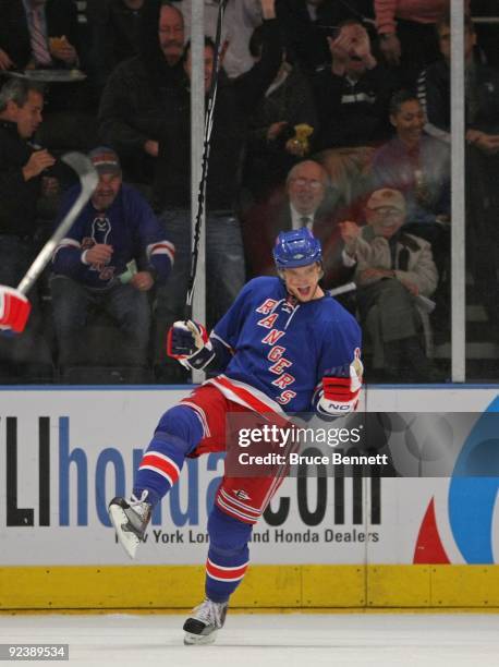 Marian Gaborik of the New York Rangers scores a first period goal against the Phoenix Coyotes on October 26, 2009 at Madison Square Garden in New...