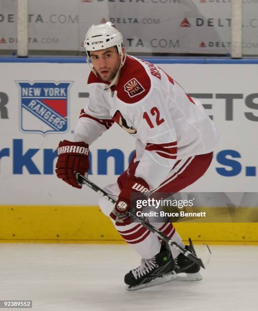 Paul Bissonnette of the Phoenix Coyotes skates in warmups prior to the game against the New York Rangers at Madison Square Garden on October 26, 2009...