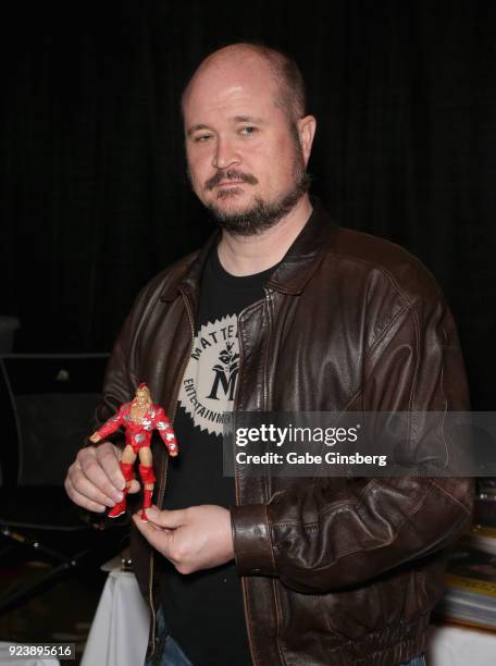 Mattel WWE designer Bill Miekina holds up a Red Rooster Elite Action Figure during Vegas Toy Con at the Circus Circus Las Vegas on February 24, 2018...