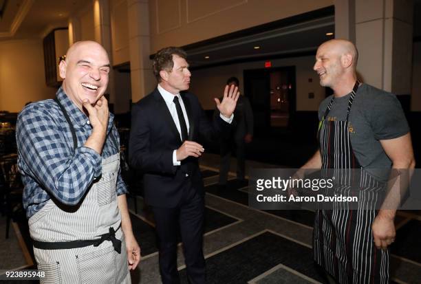 Michael Symon, Bobby Flay, and Marc Vetri attend Tribute Dinner on February 24, 2018 in Miami Beach, Florida.
