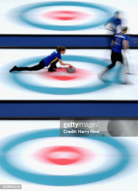 Sara McManus of Sweden delivers a stone during the Women's Gold Medal Game between Sweden and Korea on day sixteen of the PyeongChang 2018 Winter...