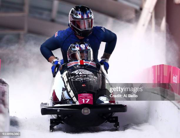 Brad Hall, Nick Gleeson, Joel Fearon and Greg Cackett of Great Britain finish their run during the 4-man Boblseigh Heats on day sixteen of the...