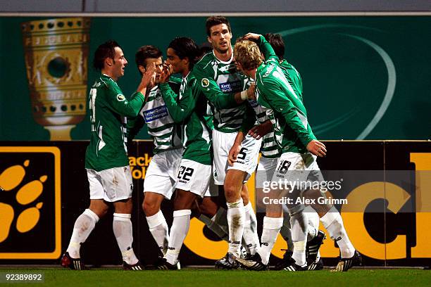 Players of Greuther Fuerth celebrates their team's first goal during the DFB Cup match between SpVgg Greuther Fuerth and VfB Stuttgart at the...