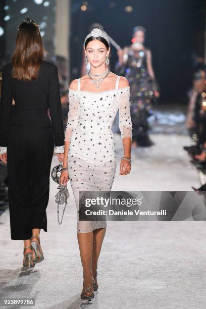 Zhenya Katava walks the runway at the Dolce & Gabbana show during Milan Fashion Week Fall/Winter 2018/19 on February 24, 2018 in Milan, Italy.