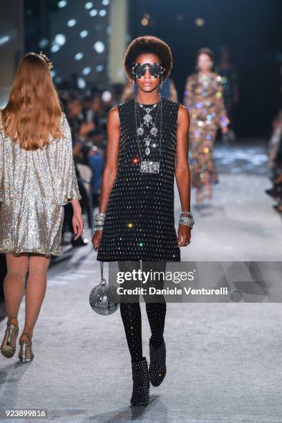 Model walks the runway at the Dolce & Gabbana show during Milan Fashion Week Fall/Winter 2018/19 on February 24, 2018 in Milan, Italy.