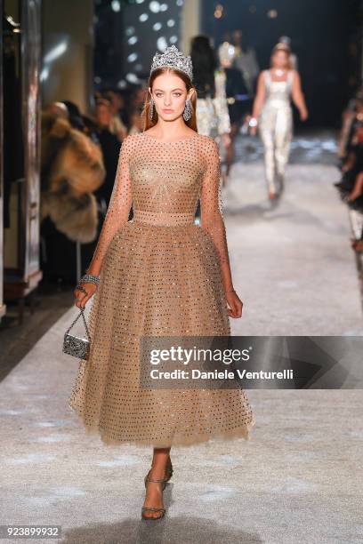 Model walks the runway at the Dolce & Gabbana show during Milan Fashion Week Fall/Winter 2018/19 on February 24, 2018 in Milan, Italy.